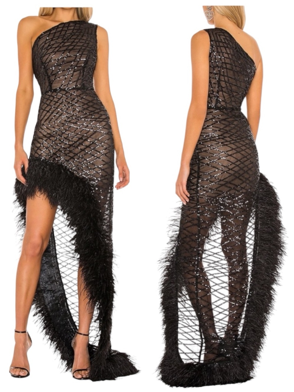 Bronx and Banco Lola Sheer Sequin Mesh Feather Gown Asymmetrical Maxi Dress XL
